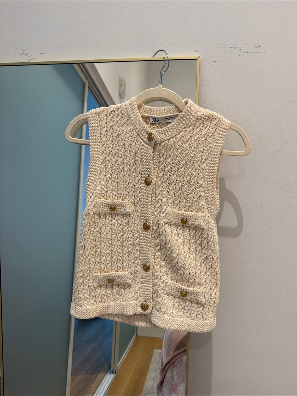 Zara Cream Cable Knit Sleeveless Cardigan Vest with Gold Buttons